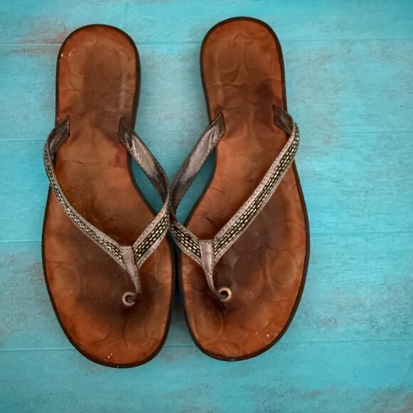 COACH Laurel Leather Silver Gray Bugle Beaded Flip Flop Sandals Sz 9.5 - Picture 10 of 11